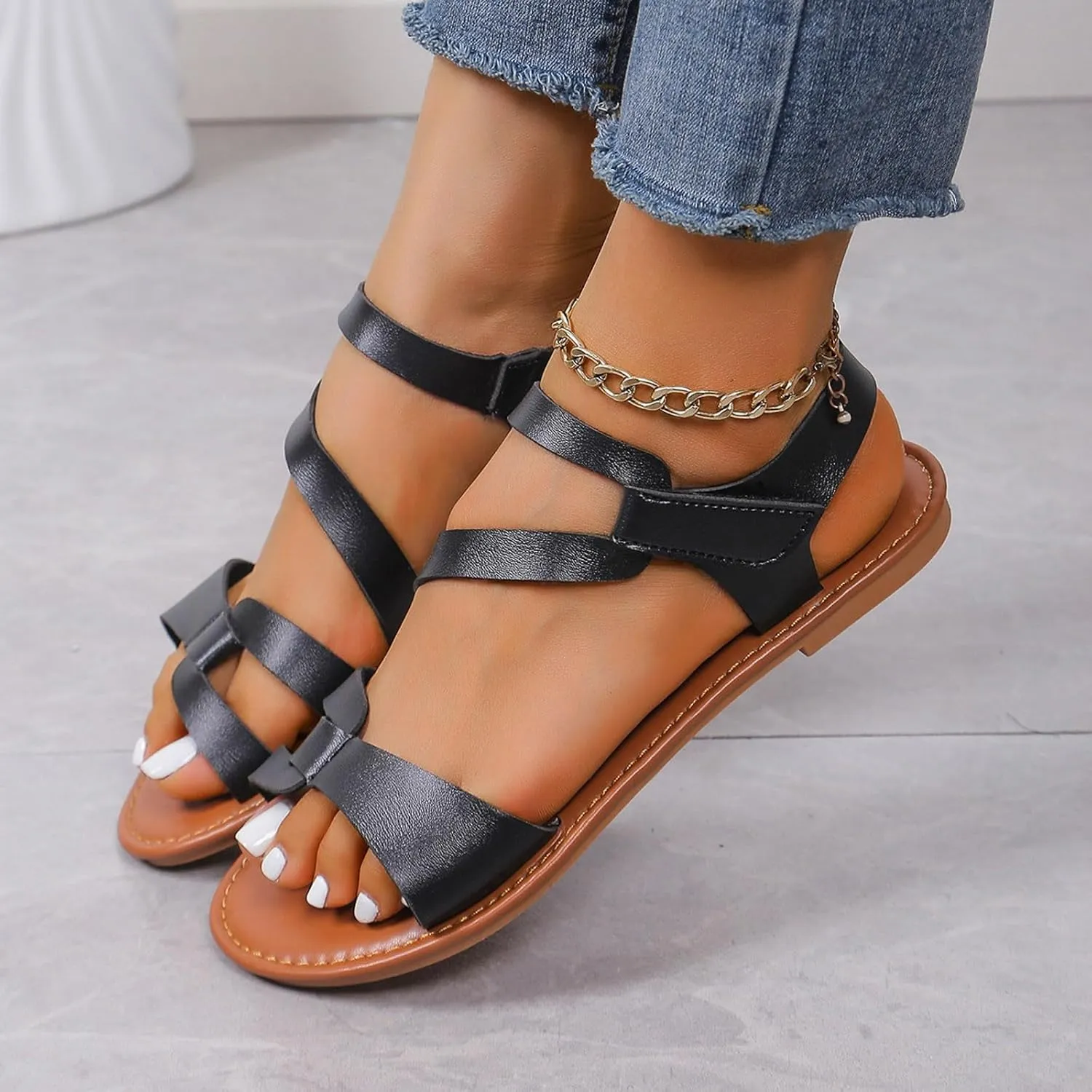 Flat Sandals for Women Indoor Home Comfortable Soft Sole Slippers Outdoor Beach Slip-On Casual Shoe Breathable Open Toe Walking Footwear with Hook Loop Strap Fashion Quick Drying Summer Shoes