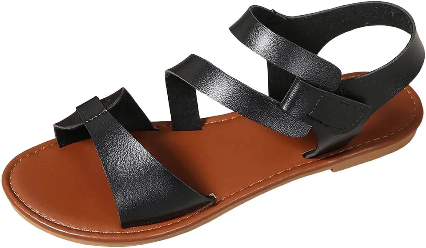 Flat Sandals for Women Indoor Home Comfortable Soft Sole Slippers Outdoor Beach Slip-On Casual Shoe Breathable Open Toe Walking Footwear with Hook Loop Strap Fashion Quick Drying Summer Shoes