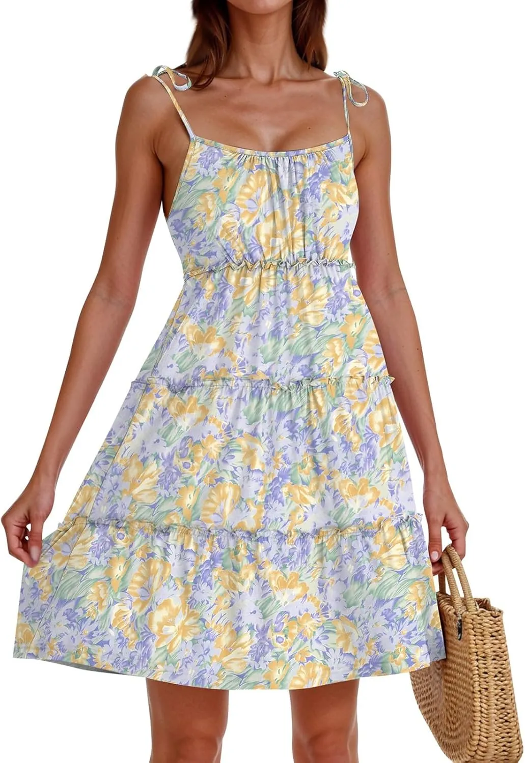 Floral Sundress for Women Cute Spaghetti Strap A Line Dress Boho Summer Casual Sleeveless Tiered Sundresses
