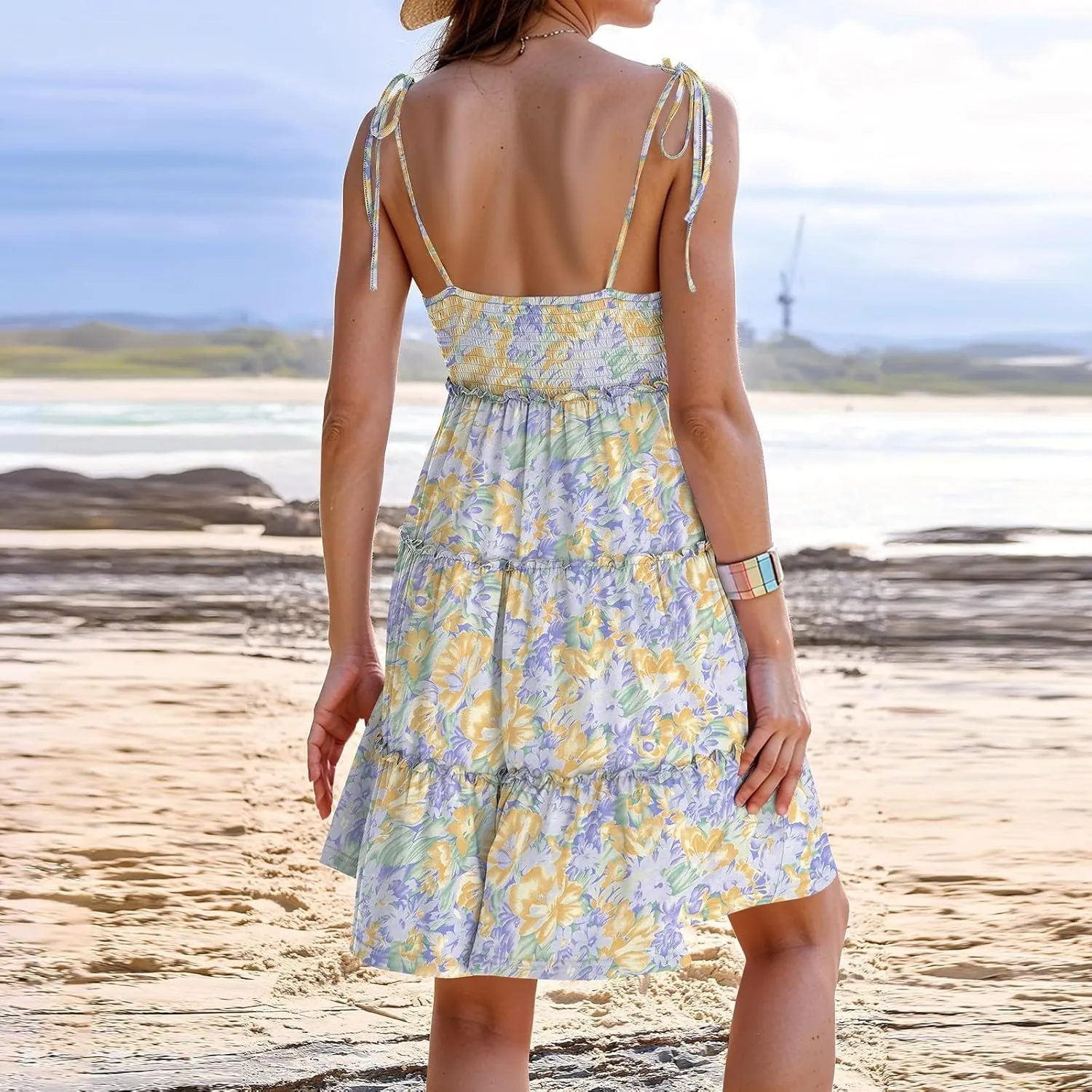 Floral Sundress for Women Cute Spaghetti Strap A Line Dress Boho Summer Casual Sleeveless Tiered Sundresses