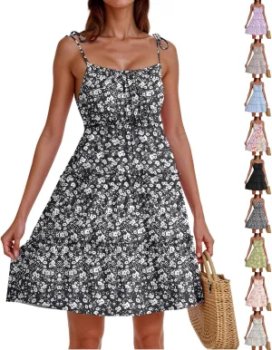 Floral Sundress for Women Cute Spaghetti Strap A Line Dress Boho Summer Casual Sleeveless Tiered Sundresses