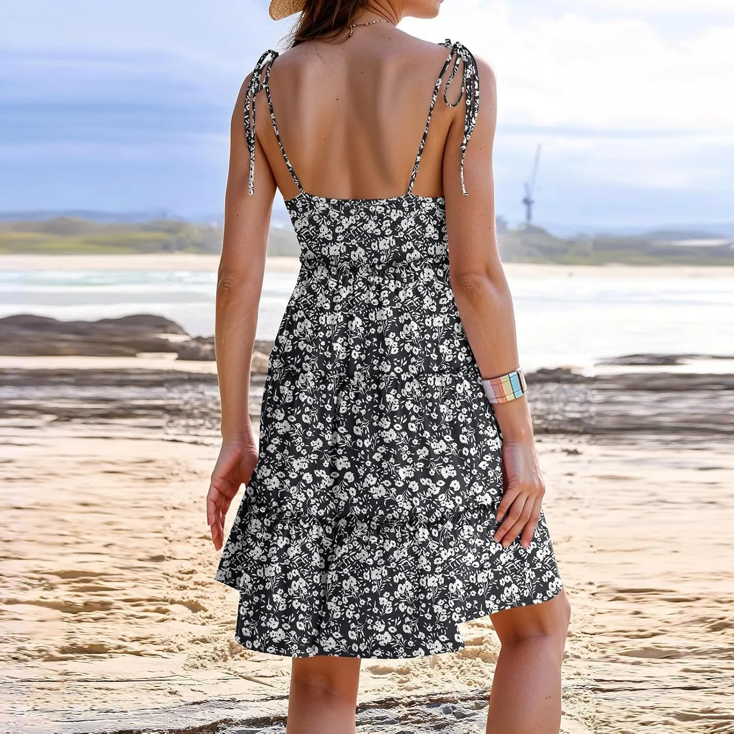 Floral Sundress for Women Cute Spaghetti Strap A Line Dress Boho Summer Casual Sleeveless Tiered Sundresses