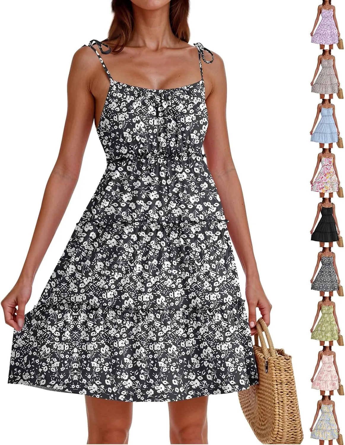 Floral Sundress for Women Cute Spaghetti Strap A Line Dress Boho Summer Casual Sleeveless Tiered Sundresses