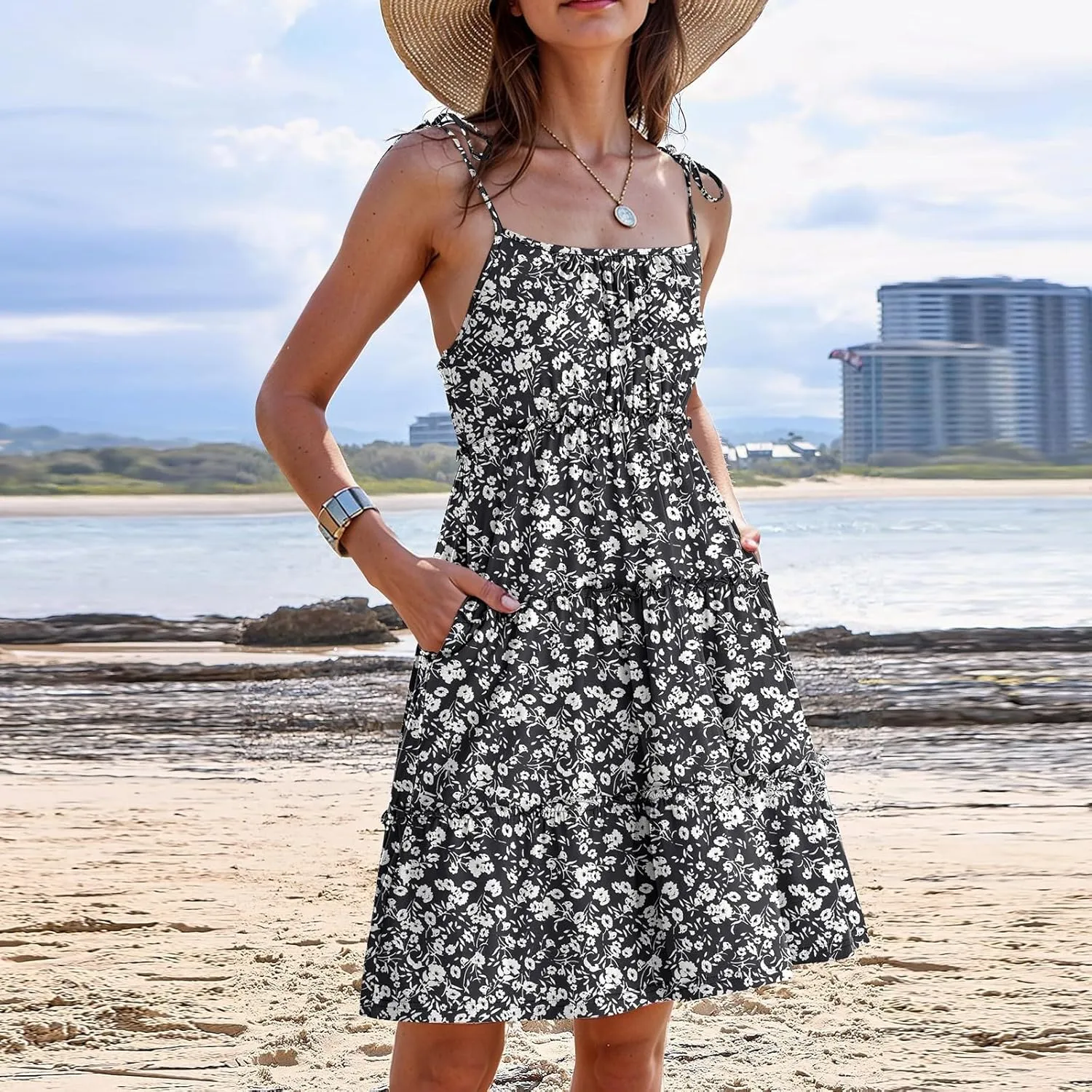Floral Sundress for Women Cute Spaghetti Strap A Line Dress Boho Summer Casual Sleeveless Tiered Sundresses