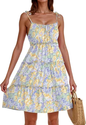 Floral Sundress for Women Cute Spaghetti Strap A Line Dress Boho Summer Casual Sleeveless Tiered Sundresses