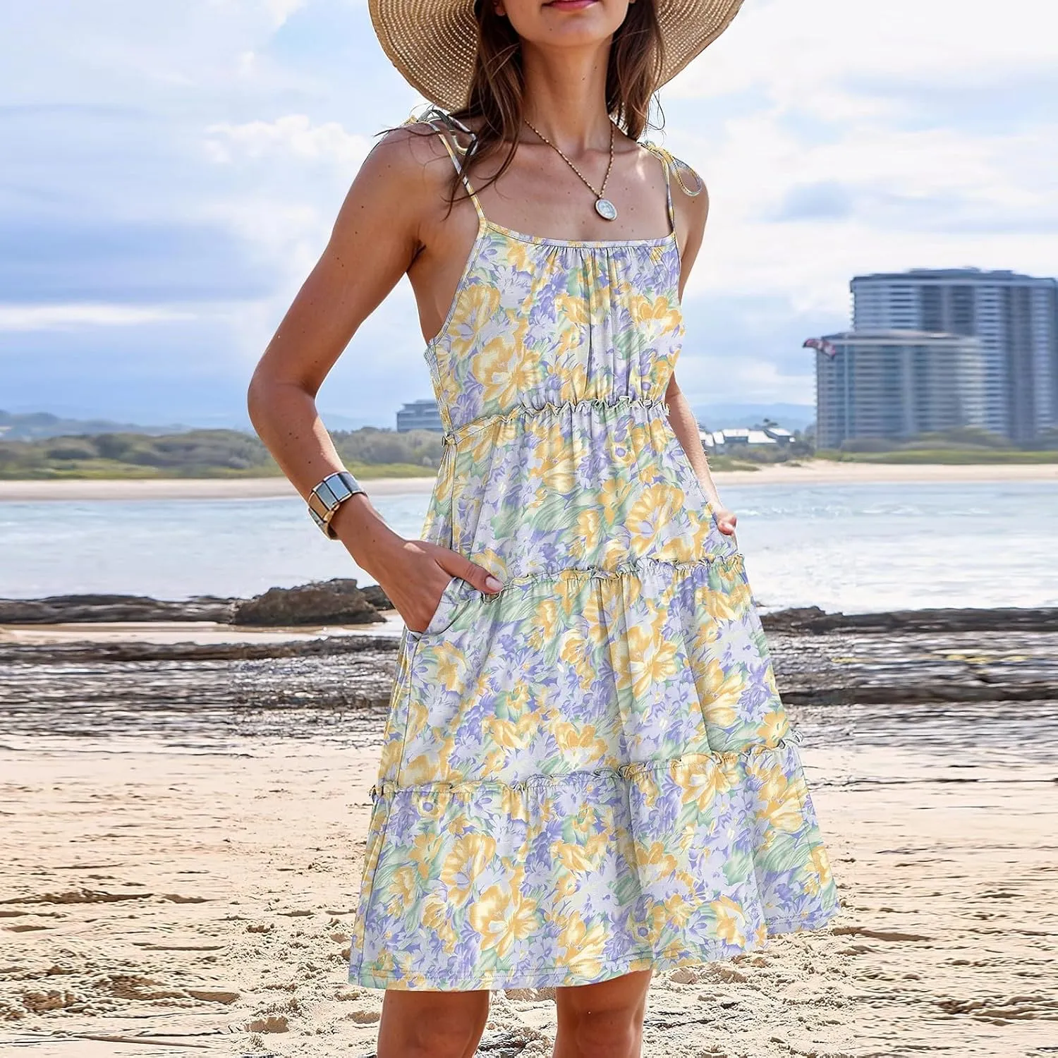 Floral Sundress for Women Cute Spaghetti Strap A Line Dress Boho Summer Casual Sleeveless Tiered Sundresses