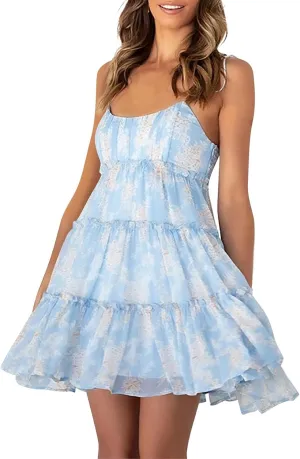 Floral Sundresses for Women 2025 Cute Chiffon Spaghetti Strap Skater Dress Casual Summer Tiered Mini Babydoll Dress