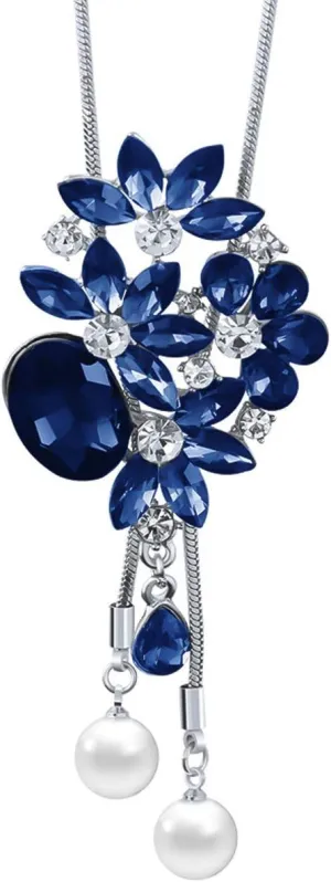 Flower Leaf Bouquet Created Crystal Pendant Long Chain Sweater Necklace | Long Necklaces for Women | Flower Necklaces for women | Long Chain Necklace for Women | Crystal Necklaces for Women
