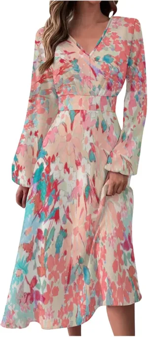 Formal Long Sleeve Midi Dress,Summer Spring Sexy V Neck Vintage Elegant Floral Trendy Flowy Smocked Party Dress