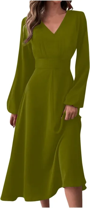 Formal Long Sleeve Midi Dress,Summer Spring Sexy V Neck Vintage Elegant Floral Trendy Flowy Smocked Party Dress