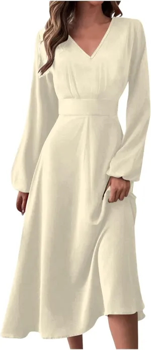 Formal Long Sleeve Midi Dress,Summer Spring Sexy V Neck Vintage Elegant Floral Trendy Flowy Smocked Party Dress