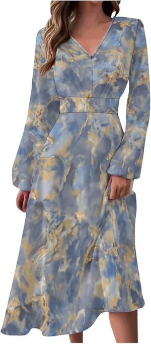 Formal Long Sleeve Midi Dress,Summer Spring Sexy V Neck Vintage Elegant Floral Trendy Flowy Smocked Party Dress