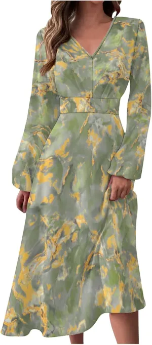 Formal Long Sleeve Midi Dress,Summer Spring Sexy V Neck Vintage Elegant Floral Trendy Flowy Smocked Party Dress