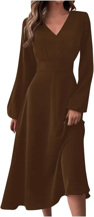 Formal Long Sleeve Midi Dress,Summer Spring Sexy V Neck Vintage Elegant Floral Trendy Flowy Smocked Party Dress