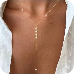 Foxgirl Long Gold Necklace for Women- Dainty 14k Gold Plated Drop Lariat Necklace Layered Simple CZ Y-Shaped Body Chain Stack Wedding Necklace Trendy