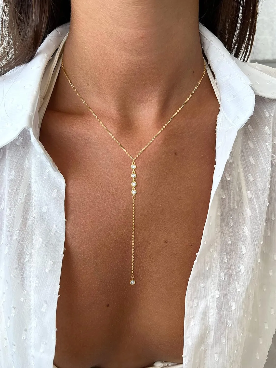 Foxgirl Long Gold Necklace for Women- Dainty 14k Gold Plated Drop Lariat Necklace Layered Simple CZ Y-Shaped Body Chain Stack Wedding Necklace Trendy