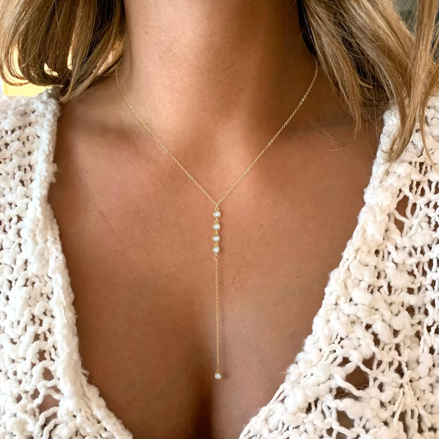 Foxgirl Long Gold Necklace for Women- Dainty 14k Gold Plated Drop Lariat Necklace Layered Simple CZ Y-Shaped Body Chain Stack Wedding Necklace Trendy
