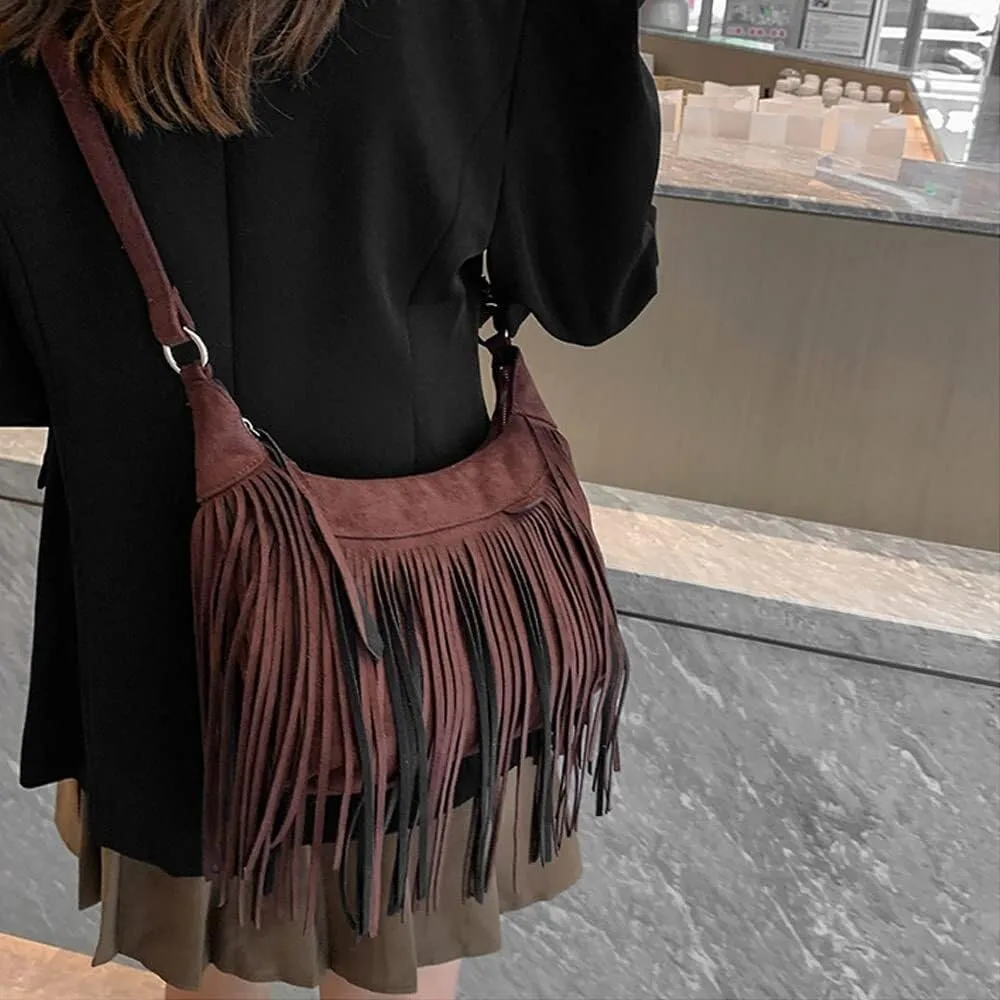 Fringe Handbags for Women Vintage Suede Hobo Purse Shoulder Crossbody Bohemian Messenger Bags Zip Satchel