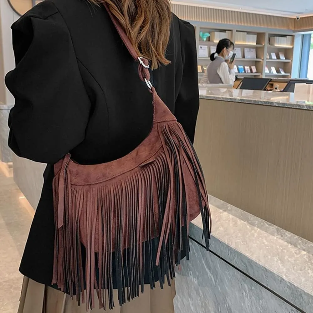 Fringe Handbags for Women Vintage Suede Hobo Purse Shoulder Crossbody Bohemian Messenger Bags Zip Satchel