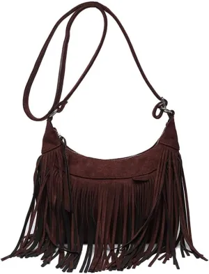 Fringe Handbags for Women Vintage Suede Hobo Purse Shoulder Crossbody Bohemian Messenger Bags Zip Satchel