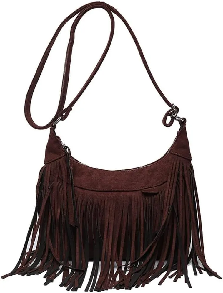 Fringe Handbags for Women Vintage Suede Hobo Purse Shoulder Crossbody Bohemian Messenger Bags Zip Satchel