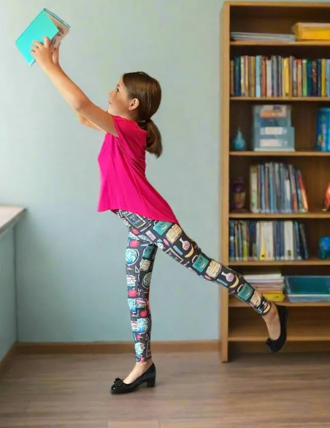 Girls School Themed Leggings, Back To School Leggings, Kids Yoga Pants, Sizes S/L, Yoga Waist, Multi Color, Exclusive Leggings