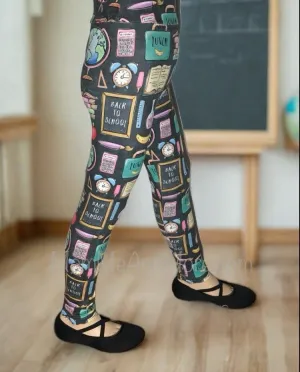 Girls School Themed Leggings, Back To School Leggings, Kids Yoga Pants, Sizes S/L, Yoga Waist, Multi Color, Exclusive Leggings