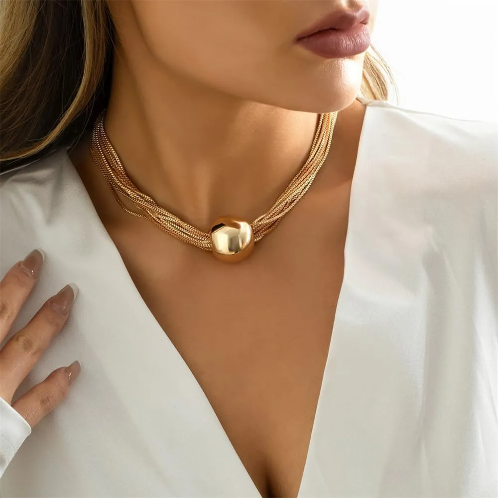Gold Ball Choker Necklace for Women Multi Layered Collar Necklaces Chunky Round Ball Pendant Necklaces Adjustable