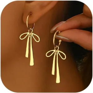 Gold Bow Earrings for Women - Stud, Long Ribbon Hoop, Dainty Bowknot Huggie Earrings - Cute Jewelry Gifts