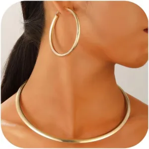 Gold Choker Necklaces Earrings Set Chunky Gold Necklace for Women Gold Hoop Earrings Necklace Set Statement Necklace Earrings Set Jewelry for Women