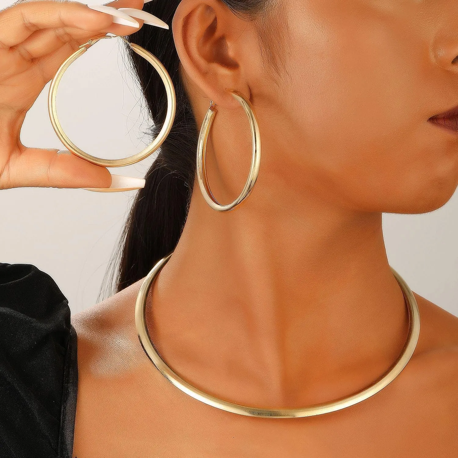 Gold Choker Necklaces Earrings Set Chunky Gold Necklace for Women Gold Hoop Earrings Necklace Set Statement Necklace Earrings Set Jewelry for Women