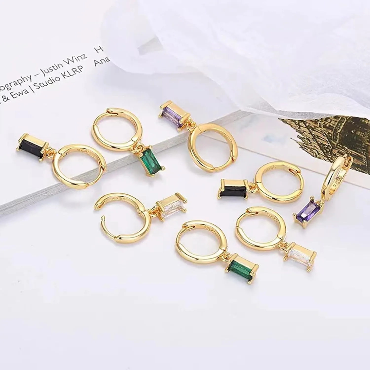 Gold Hoop Earrings With Green Drop, Huggie Hoops For Women & Men - 14K Gold, Hypoallergenic - 2PCS