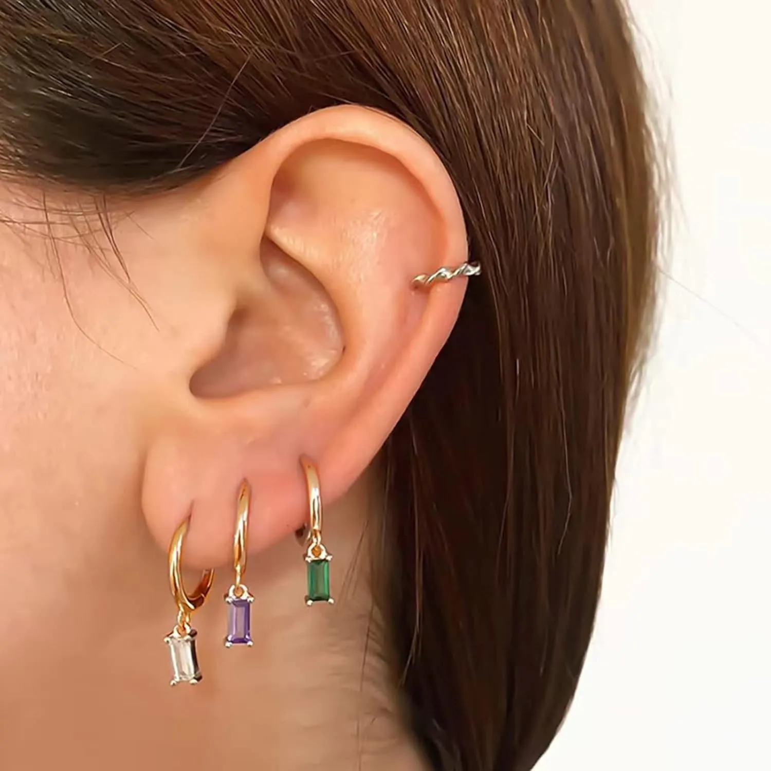 Gold Hoop Earrings With Green Drop, Huggie Hoops For Women & Men - 14K Gold, Hypoallergenic - 2PCS