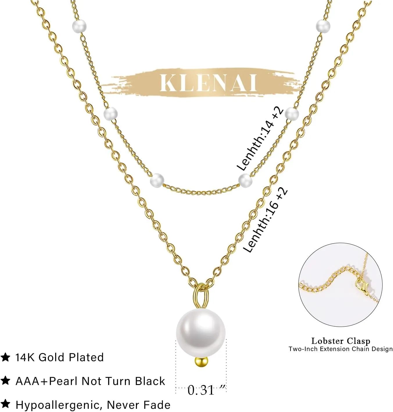Gold Pearl Necklace for Women, 14K Gold Plated Layered Pearl Necklaces for Women Trendy Simple Herringbone Chain Pearl Necklace for Women Gold Jewelry Gifts