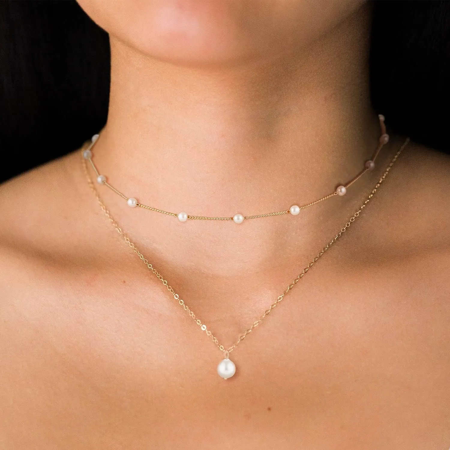 Gold Pearl Necklace for Women, 14K Gold Plated Layered Pearl Necklaces for Women Trendy Simple Herringbone Chain Pearl Necklace for Women Gold Jewelry Gifts