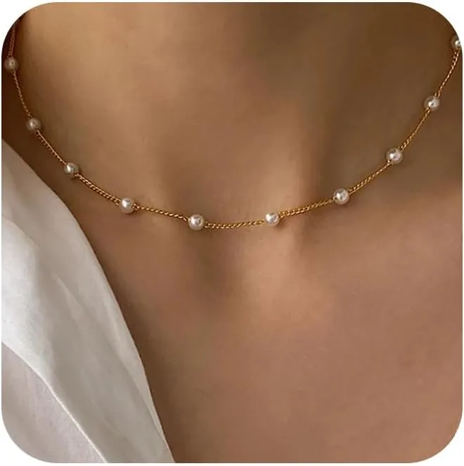 Gold Pearl Necklaces for Women: Dainty Pearl Pendant Necklace Simple 18K Gold Plated Pearl Choker Necklaces Trendy Pearl Jewelry for Women
