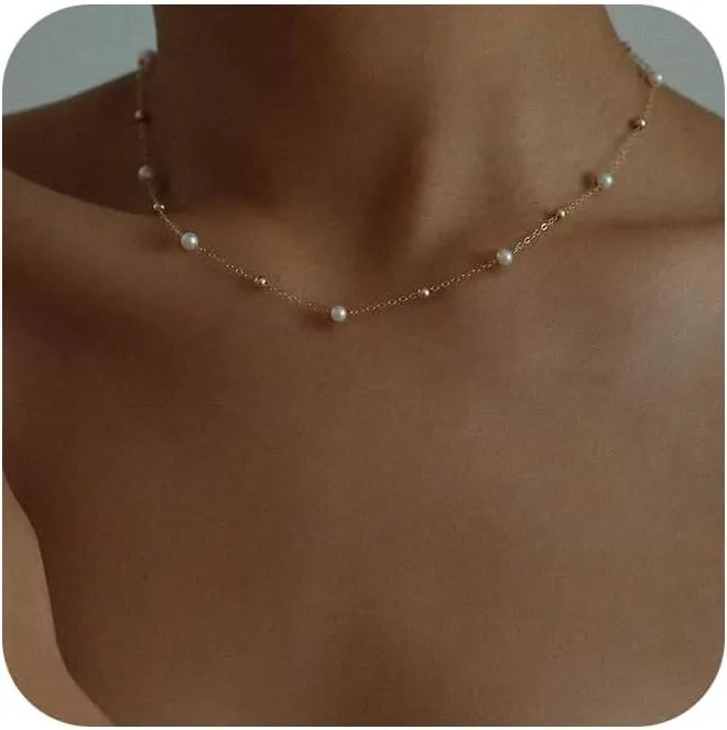 Gold Pearl Necklaces for Women: Dainty Pearl Pendant Necklace Simple 18K Gold Plated Pearl Choker Necklaces Trendy Pearl Jewelry for Women