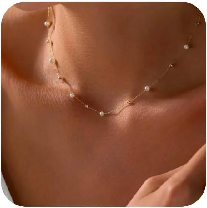 Gold Pearl Necklaces for Women: Dainty Pearl Pendant Necklace Simple 18K Gold Plated Pearl Choker Necklaces Trendy Pearl Jewelry for Women