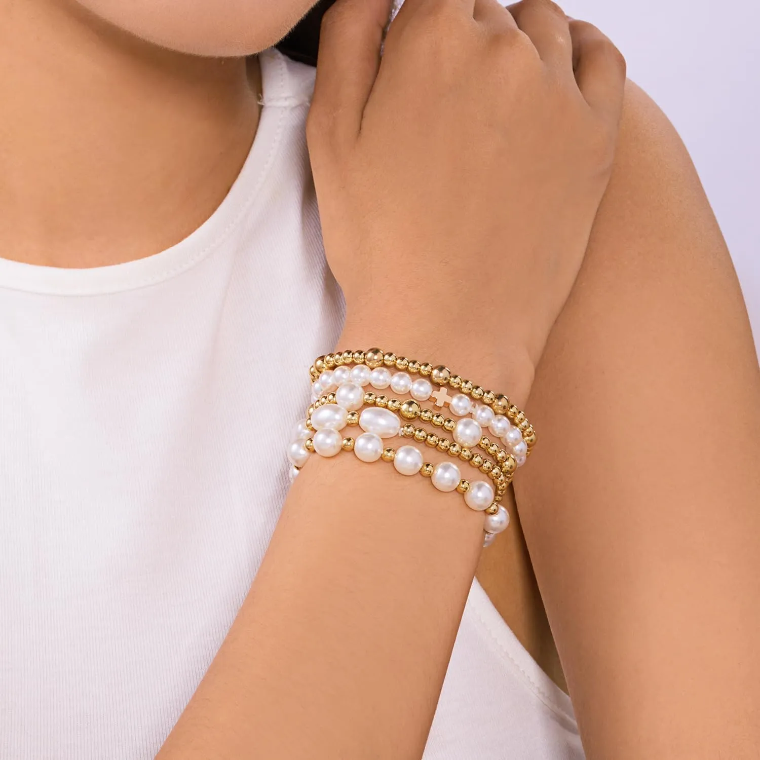 Gold Pearl Stackable Bracelets for Women Cross Pearl Bracelets Gold Beaded Bracelets Multi Layer Pearl Stretch Bracelets Dainty Pearl Bracelet Jewelry
