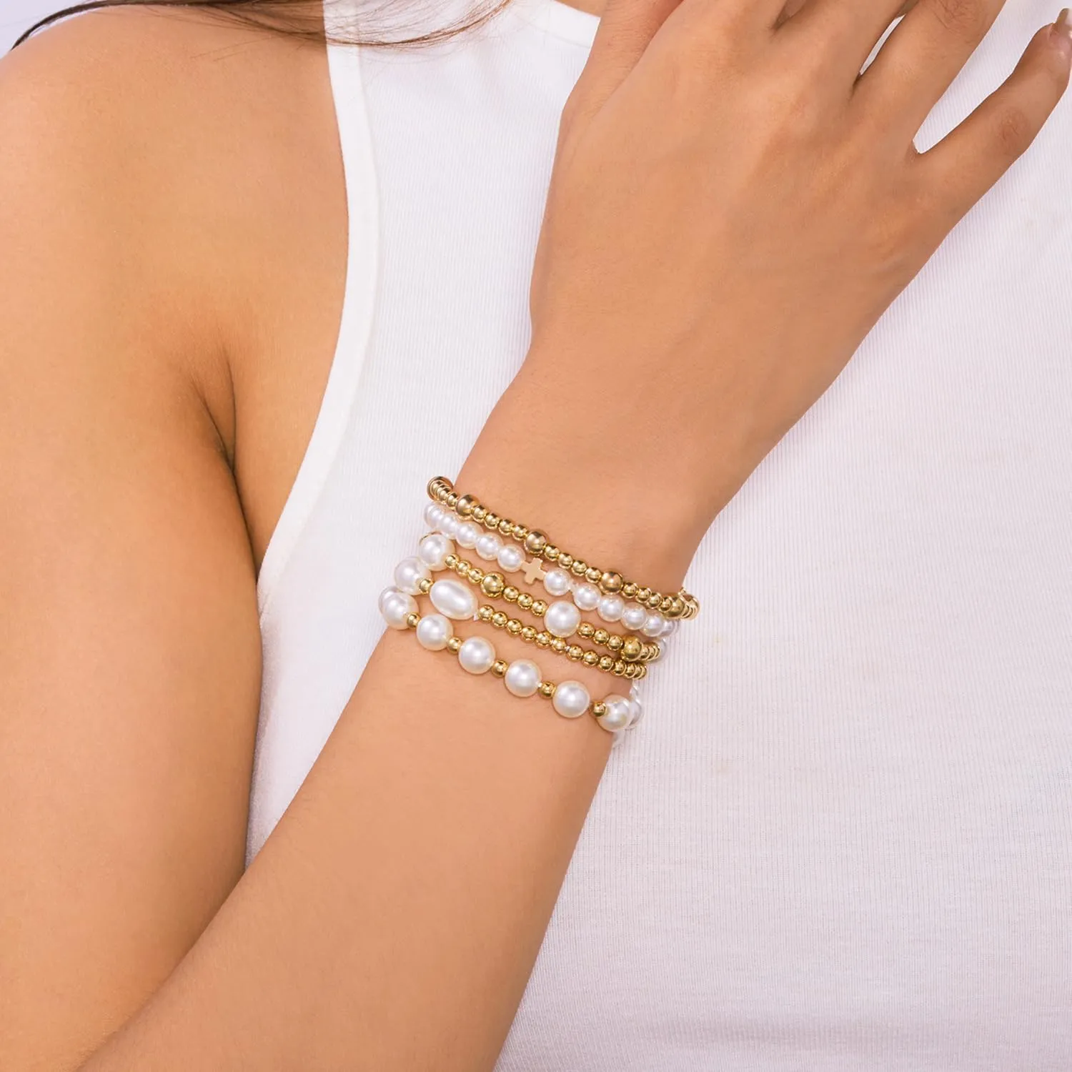 Gold Pearl Stackable Bracelets for Women Cross Pearl Bracelets Gold Beaded Bracelets Multi Layer Pearl Stretch Bracelets Dainty Pearl Bracelet Jewelry
