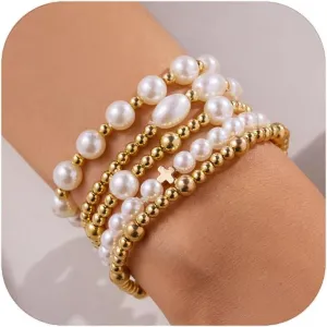 Gold Pearl Stackable Bracelets for Women Cross Pearl Bracelets Gold Beaded Bracelets Multi Layer Pearl Stretch Bracelets Dainty Pearl Bracelet Jewelry