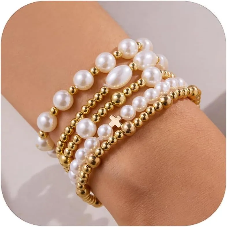 Gold Pearl Stackable Bracelets for Women Cross Pearl Bracelets Gold Beaded Bracelets Multi Layer Pearl Stretch Bracelets Dainty Pearl Bracelet Jewelry