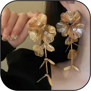 Gold Statement Earrings for Women Elegant Prom Floral Leaf Design Large Hoop Dangle Earrings for Party Wedding Evening Events