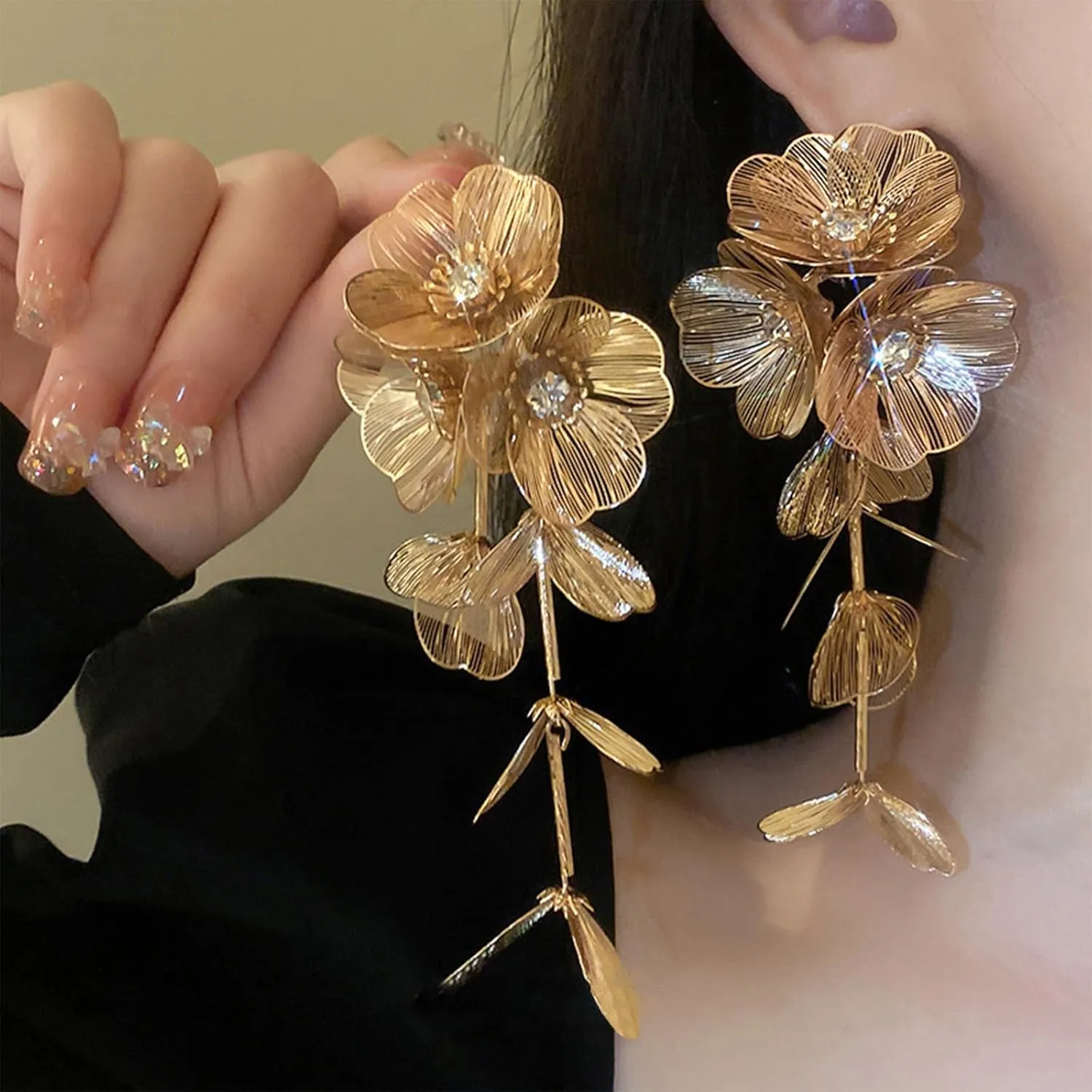 Gold Statement Earrings for Women Elegant Prom Floral Leaf Design Large Hoop Dangle Earrings for Party Wedding Evening Events