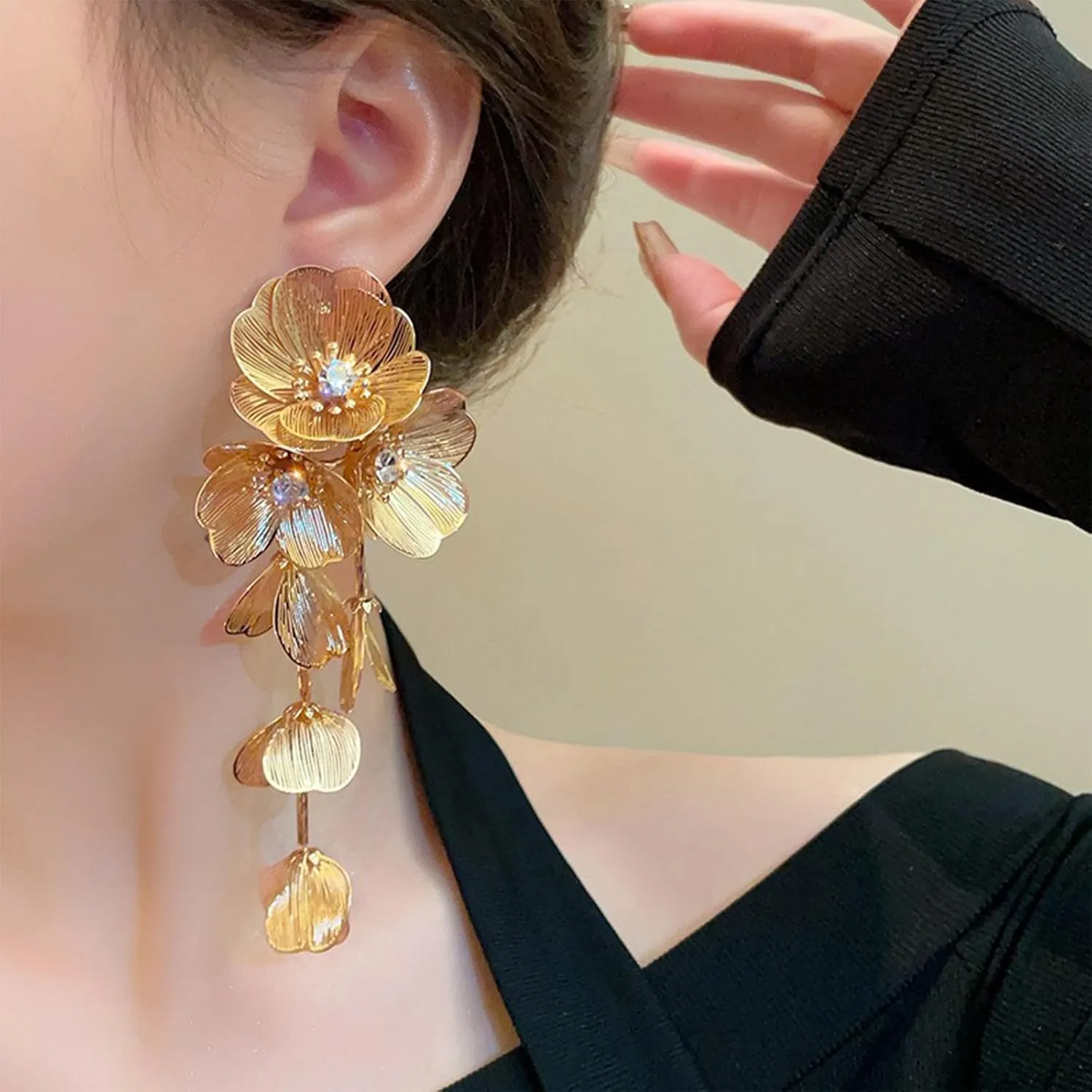 Gold Statement Earrings for Women Elegant Prom Floral Leaf Design Large Hoop Dangle Earrings for Party Wedding Evening Events