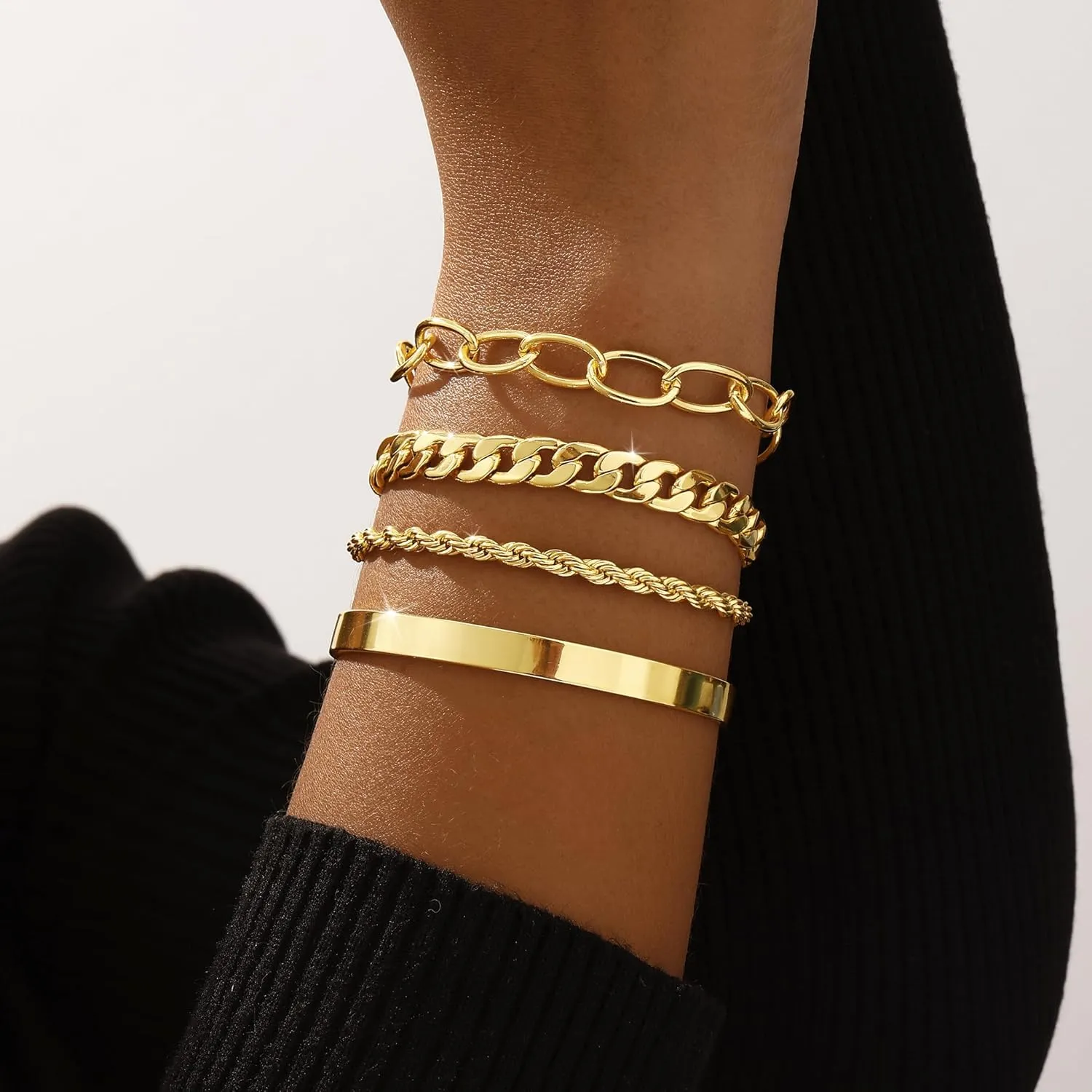 Gold/Silver Bracelets For Women,Trendy 14k Gold/Silver Plated lightweight Dainty Chunky Thin Cuban Link Paperclip Chain Tennis Bangle Bracelets Stack Set,Ring Hand Chain Bracelet,Gold Jewelry Gift For Women Fashion Accessories