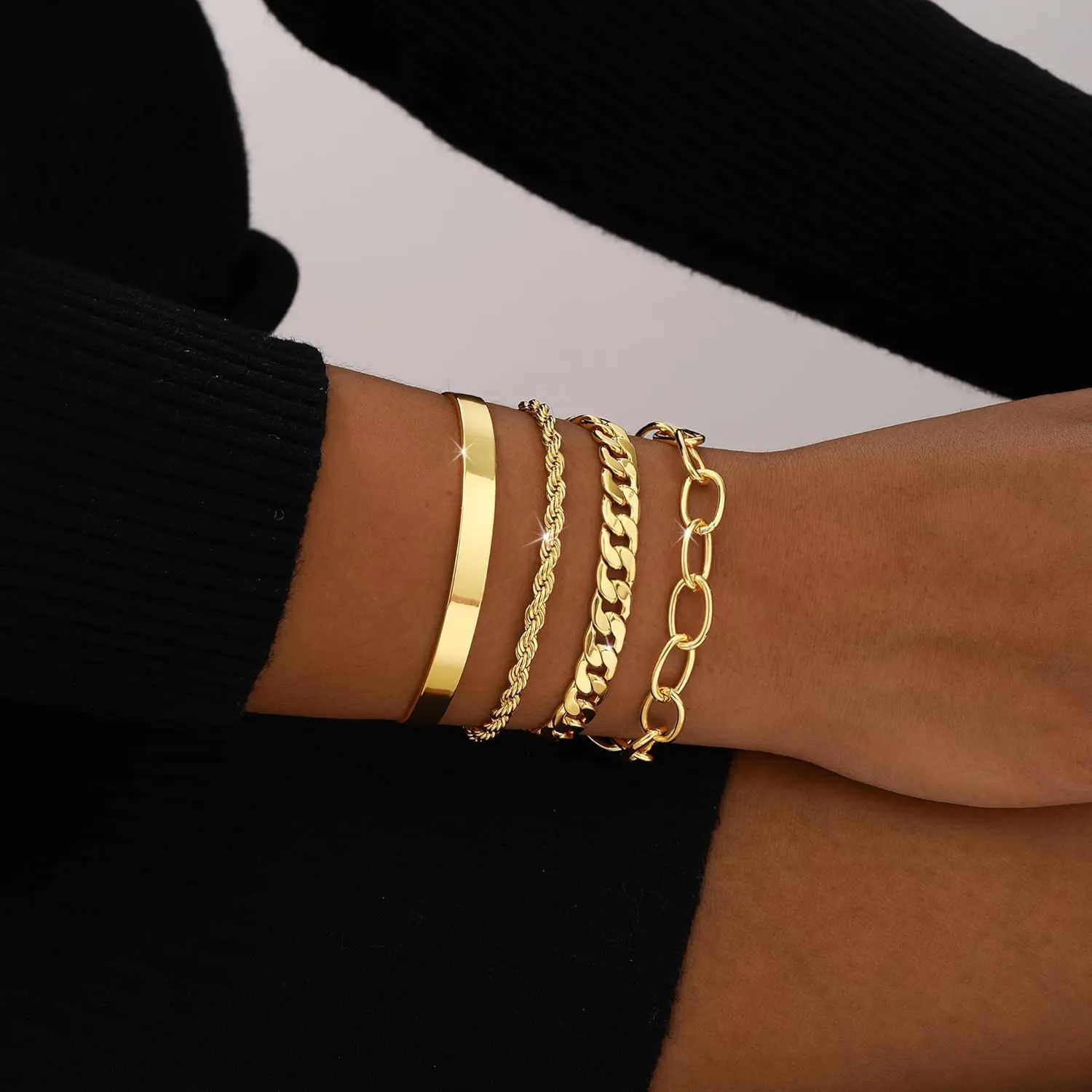 Gold/Silver Bracelets For Women,Trendy 14k Gold/Silver Plated lightweight Dainty Chunky Thin Cuban Link Paperclip Chain Tennis Bangle Bracelets Stack Set,Ring Hand Chain Bracelet,Gold Jewelry Gift For Women Fashion Accessories
