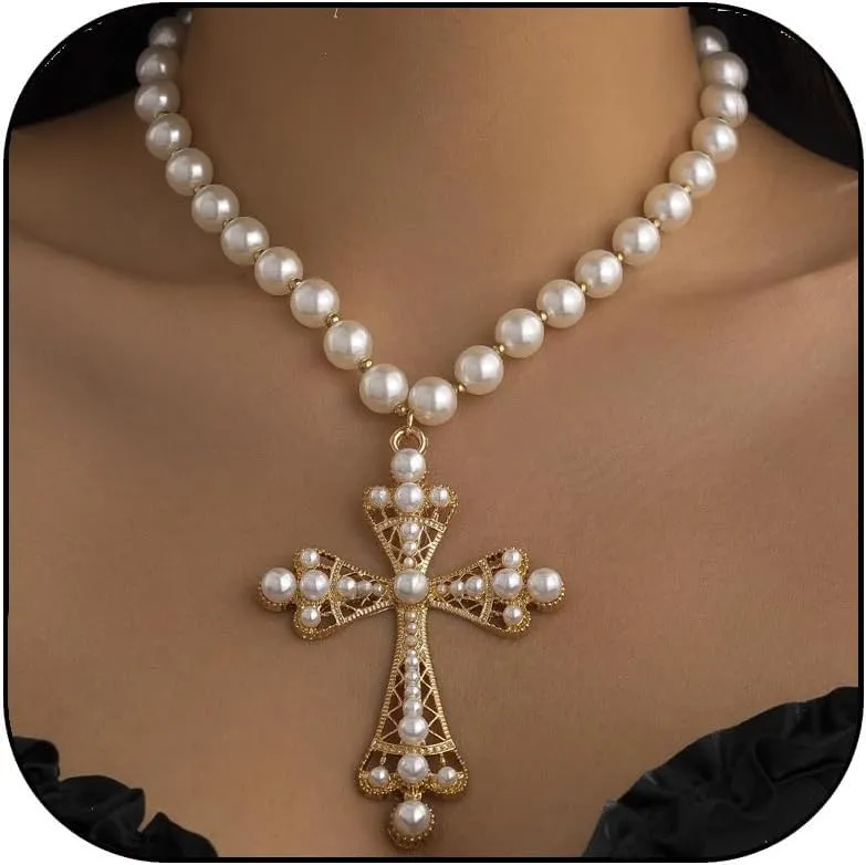 Gothic Necklace Pearl Cross Necklaces Big Cross Necklace Chunky Cross Necklace Punk Pearl Cross Pendants Necklace Vintage Charm Necklace Gothic Cross Necklace Goth Jewelry for Women