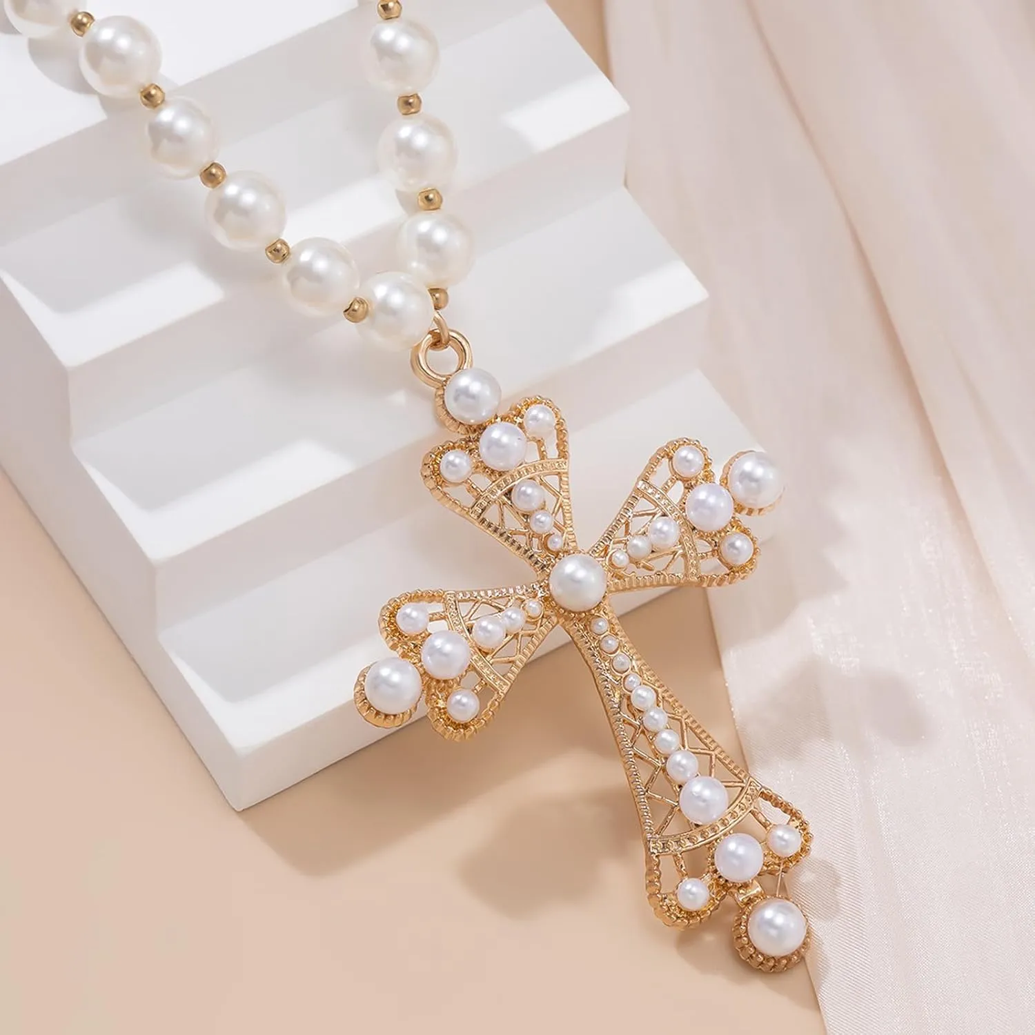 Gothic Necklace Pearl Cross Necklaces Big Cross Necklace Chunky Cross Necklace Punk Pearl Cross Pendants Necklace Vintage Charm Necklace Gothic Cross Necklace Goth Jewelry for Women