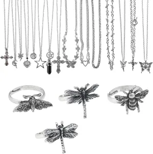 GuoShuang 19pcs Silver y2k necklace for women goth fairy grunge necklace alt cute y2k choker cross bufferfly heart angle jewelry set rings indie fairy grunge accessories